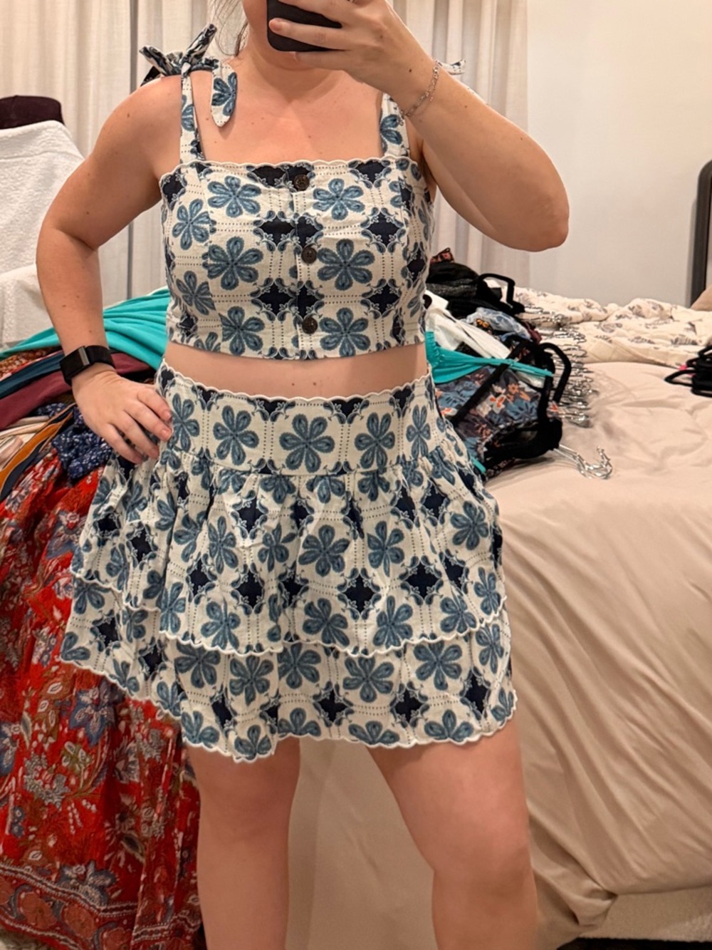 Agua Bendita White and Blue Floral Two-Piece Set